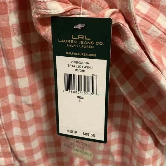NWT - Ralph Lauren long sleeve button down pink & white checkered pattern. - Picture 4 of 4